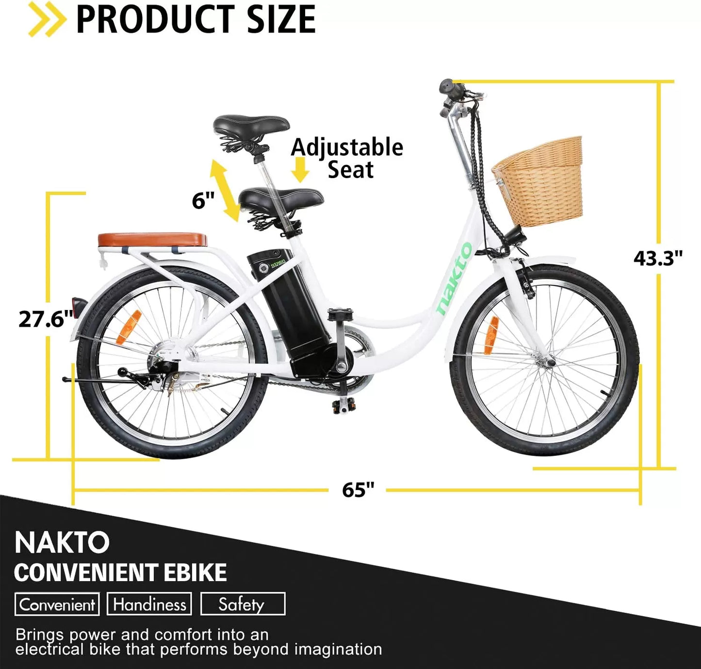 NAKTO 22"/26" Electric Bike for Adults 250W/350W City-Electric Bike Sporting 6-Speed Gear Electric Bicycles 36V 10.4/12Ah Removable Lithium Battery Ebike for Female Male