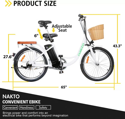 NAKTO 22"/26" Electric Bike for Adults 250W/350W City-Electric Bike Sporting 6-Speed Gear Electric Bicycles 36V 10.4/12Ah Removable Lithium Battery Ebike for Female Male