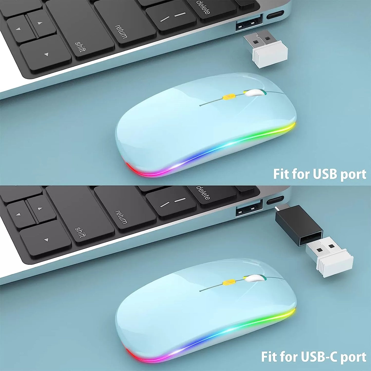 [Upgrade] LED Wireless Mouse, Slim Silent Mouse 2.4G Portable Mobile Optical Office Mouse with USB & Type-c Receiver, 3 Adjustable DPI Levels for Notebook, PC, Laptop, Computer, MacBook (Pink)