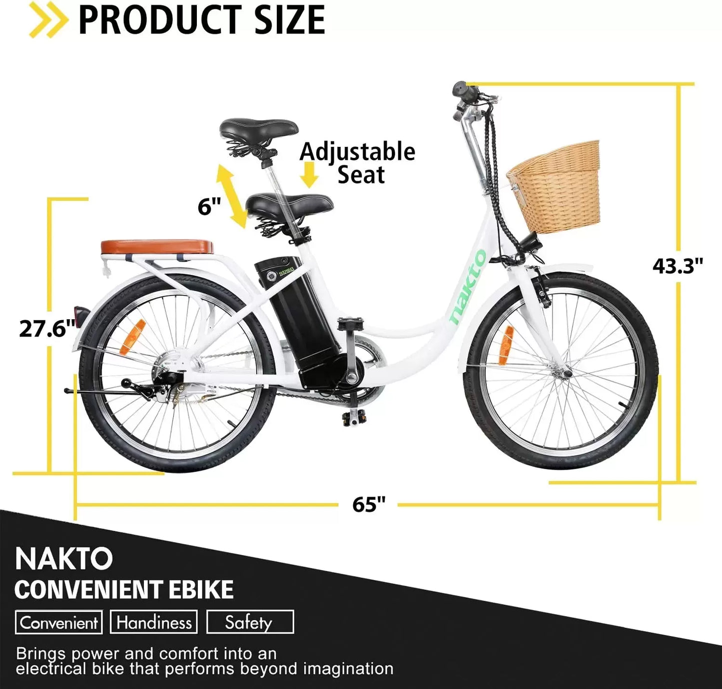 NAKTO 22"/26" Electric Bike for Adults 250W/350W City-Electric Bike Sporting 6-Speed Gear Electric Bicycles 36V 10.4/12Ah Removable Lithium Battery Ebike for Female Male