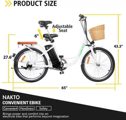 NAKTO 22"/26" Electric Bike for Adults 250W/350W City-Electric Bike Sporting 6-Speed Gear Electric Bicycles 36V 10.4/12Ah Removable Lithium Battery Ebike for Female Male
