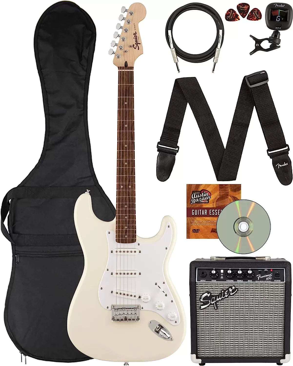 Fender Squier Stratocaster - Sunburst Bundle with Frontman 10G Amp, Gig Bag, Instrument Cable, Tuner, Strap, Picks, Fender Play Online Lessons, Instructional Book, and Austin Bazaar Instructional DVD