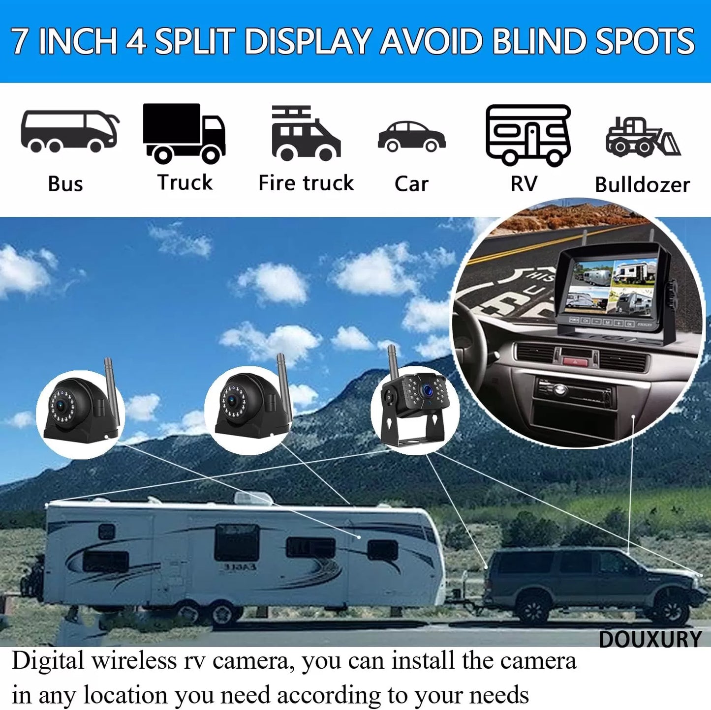 Wireless Backup Camera for RV Truck Trailer Camper Digital 3 Rear/Side View Cameras & HD 1080P 4 Splits 7" Screen with Adapter for Furrion Pre-Wired Night Vision IP69 Waterproof 170° Wide View Angle