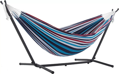 Double Cotton Hammock with Space Saving Steel Stand, Tropical (450 lb Capacity - Premium Carry Bag Included)