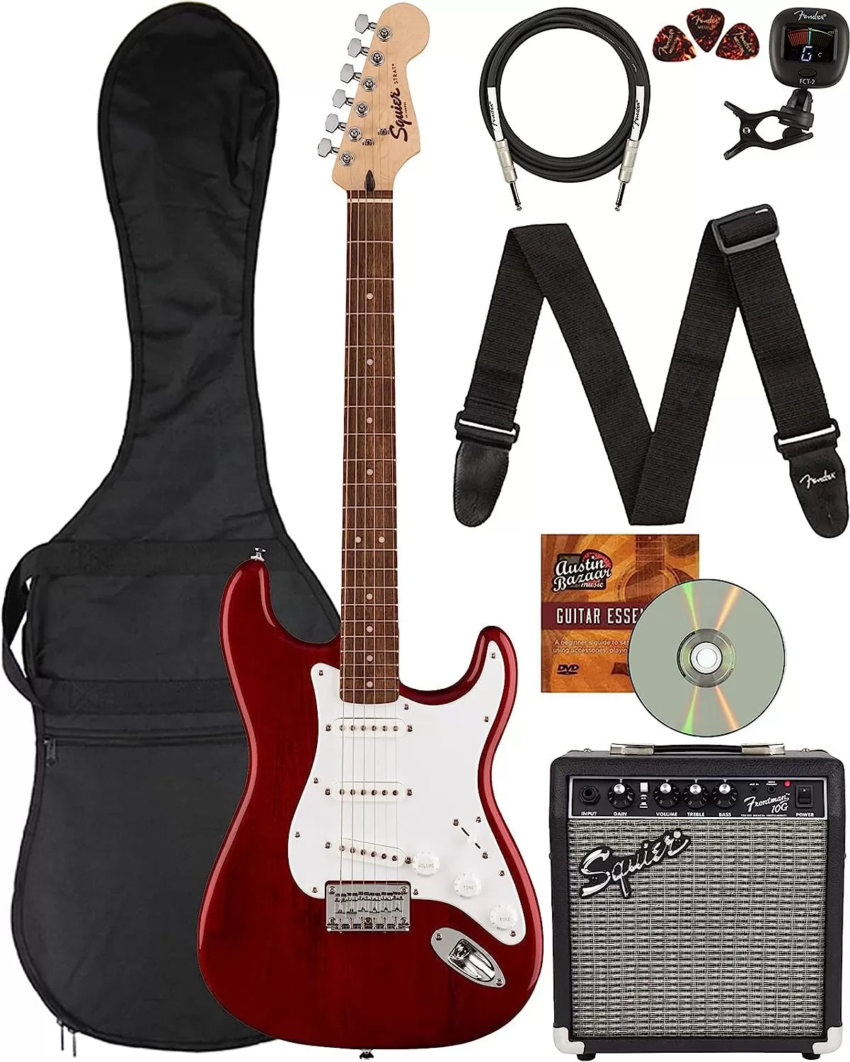Fender Squier Stratocaster - Sunburst Bundle with Frontman 10G Amp, Gig Bag, Instrument Cable, Tuner, Strap, Picks, Fender Play Online Lessons, Instructional Book, and Austin Bazaar Instructional DVD