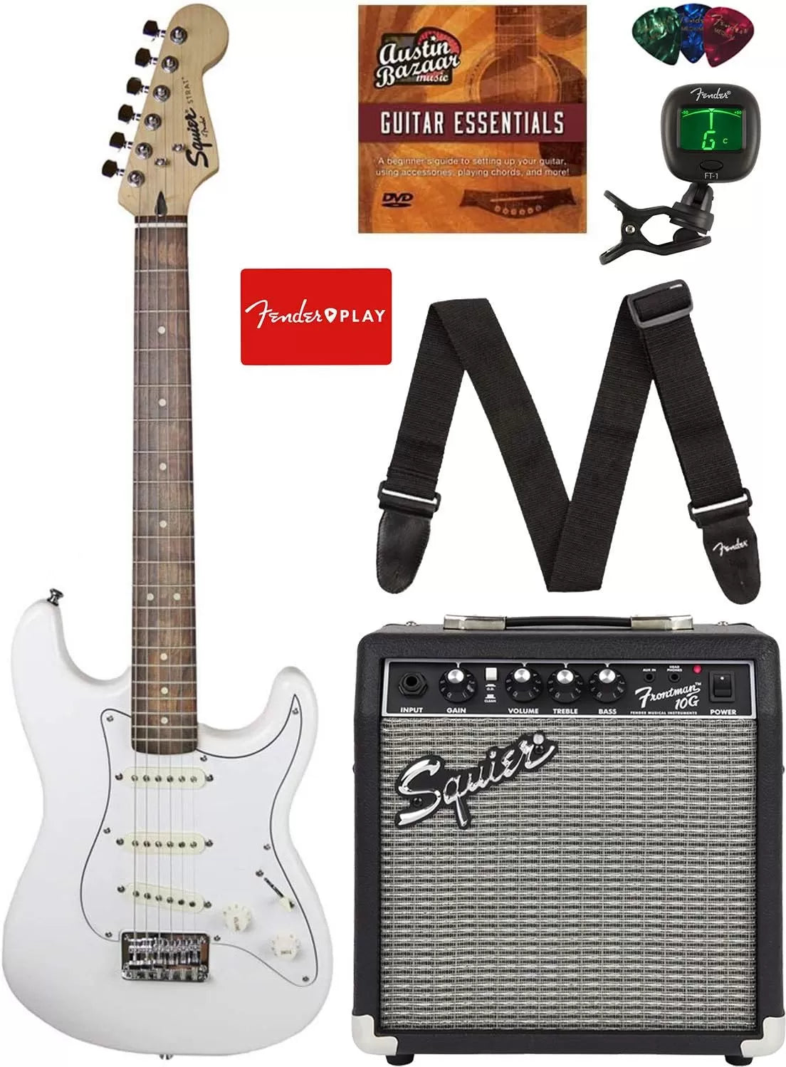 Fender Squier Stratocaster - Sunburst Bundle with Frontman 10G Amp, Gig Bag, Instrument Cable, Tuner, Strap, Picks, Fender Play Online Lessons, Instructional Book, and Austin Bazaar Instructional DVD