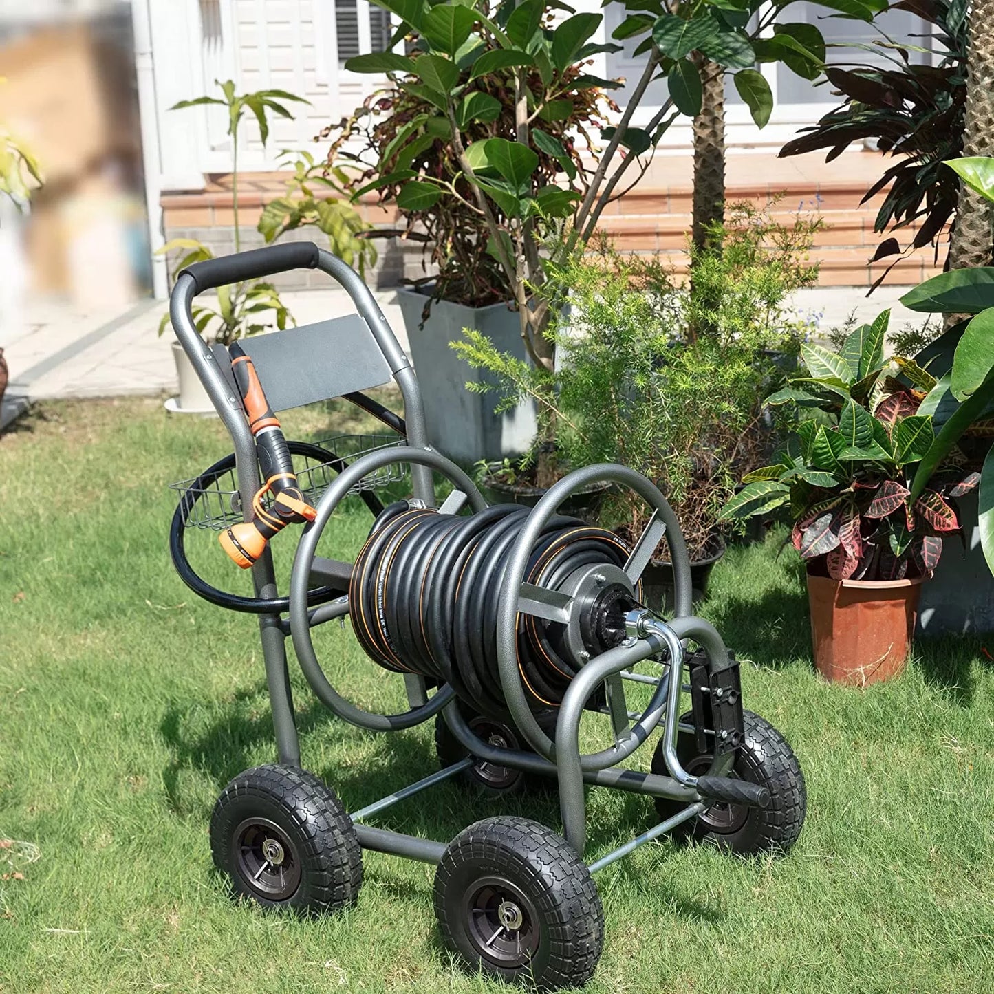 Hose Reel Cart, Hose Reel Cart with Wheels Heavy Duty, Industrial Hose Reels for Outside, 250-Feet of 5/8" Hose Capacity, Hose Guide Installed