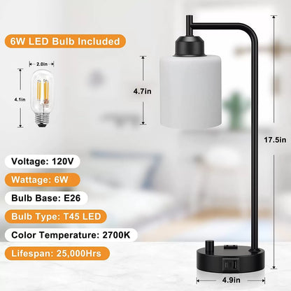Industrial Bedside Table Lamp for Bedroom - Nightstand Lamps with USB C Charging Port, Fully Dimmable Black Lamps with USB Ports and Outlets, Small Desk Lamp with Glass Shade for Office Living Room