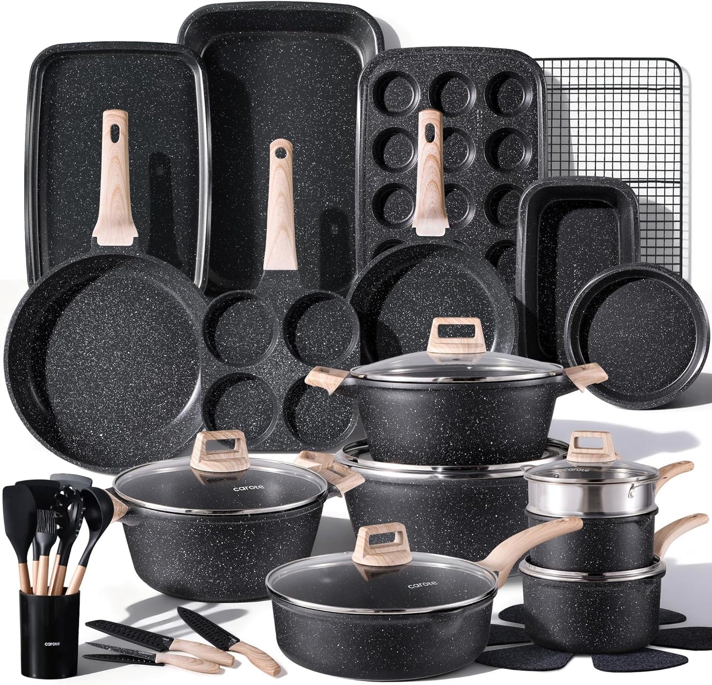 CAROTE ICE 35pcs Pots and Pans Set, Nonstick Cookware Sets, White Granite Induction Cookware with Kitchen Knife Set