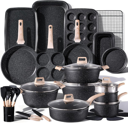 CAROTE ICE 35pcs Pots and Pans Set, Nonstick Cookware Sets, White Granite Induction Cookware with Kitchen Knife Set