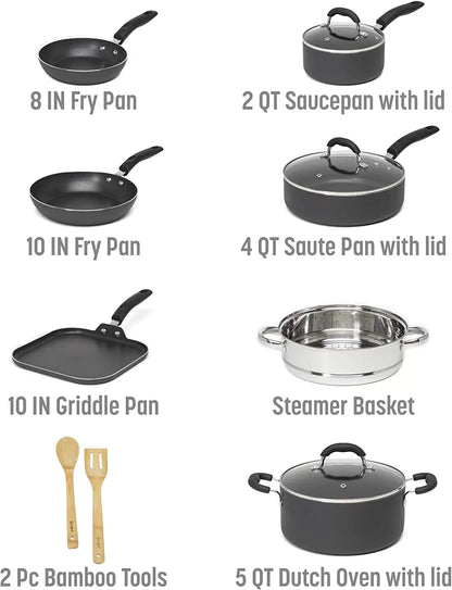Cookware Set with Premium Non-Stick, Dishwasher Safe Pots and Pans, Tempered Glass Steam Vented Lids, Stainless Steel Steamer, and Bamboo Cooking Utensils Set, 12-Piece, Charcoal Gray