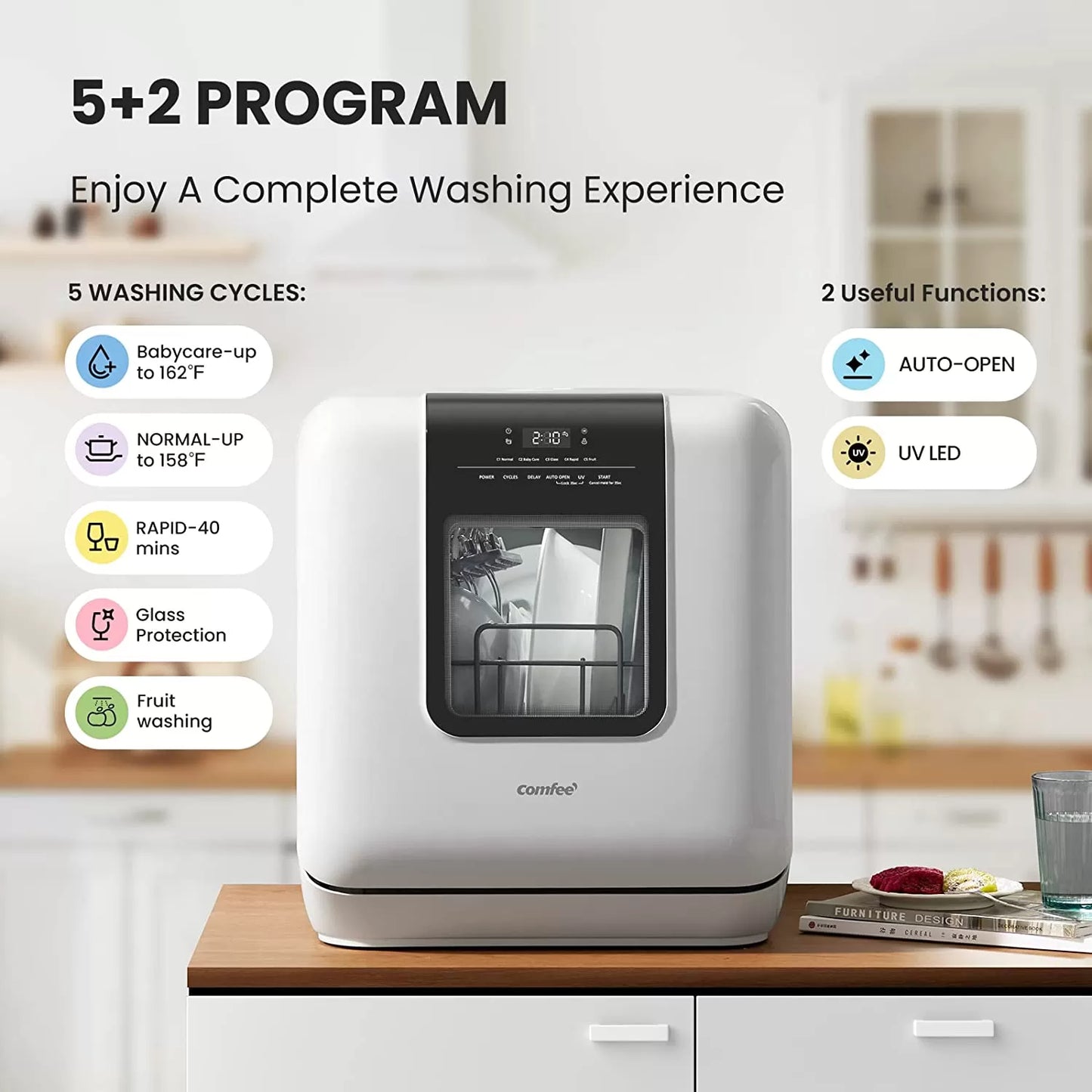 COMFEE' Portable Dishwasher Countertop, Mini Dishwasher with 5L Built-in Water Tank, No Hookup Needed, 6 Programs, 360° Dual Spray, 192°F High-Temp& Air-Dry Function, Dishwasher for Apartments& RVs