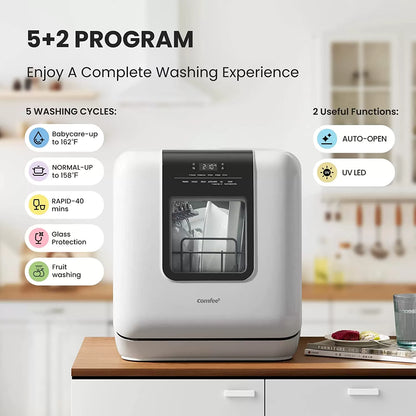 COMFEE' Portable Dishwasher Countertop, Mini Dishwasher with 5L Built-in Water Tank, No Hookup Needed, 6 Programs, 360° Dual Spray, 192°F High-Temp& Air-Dry Function, Dishwasher for Apartments& RVs