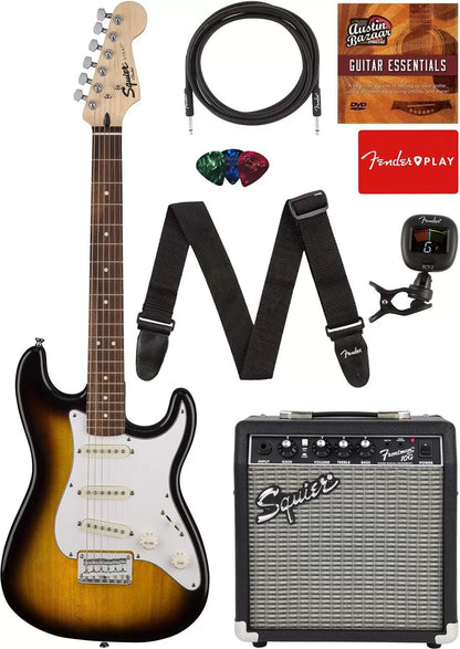 Fender Squier Stratocaster - Sunburst Bundle with Frontman 10G Amp, Gig Bag, Instrument Cable, Tuner, Strap, Picks, Fender Play Online Lessons, Instructional Book, and Austin Bazaar Instructional DVD