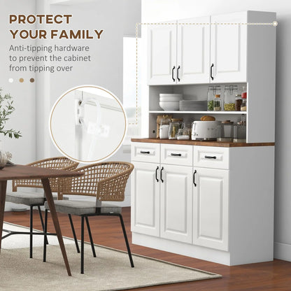 HOMCOM 71" Kitchen Pantry, Freestanding Buffet with Hutch, Farmhouse Microwave Cabinet with Countertop and Adjustable Shelves