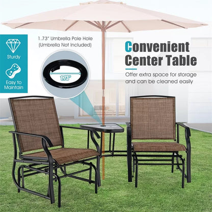 2-Seat Patio Rocking Chair Outdoor Double Glider Chair with Glass Table & Umbrella Hole