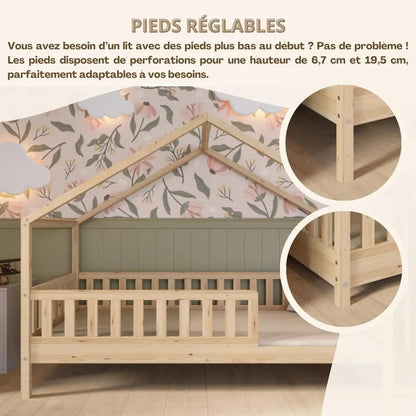 Clearance Sale Crazy Pine Cabin Bed 160x80 cm – Natural Wood Children's Bed with Barrier – Montessori Floor Bed with Height-Adjustable Legs and Removable Barrier - Crazy House