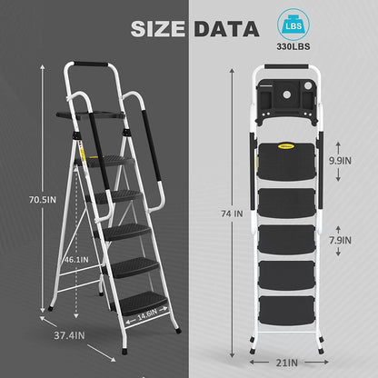 4 Step Ladder, HBTower Folding Step Stool with Tool Platform, Wide Anti-Slip Pedal, Sturdy Steel Ladder, Convenient Handgrip, Lightweight 330lbs Portable Steel Step Stool, Black