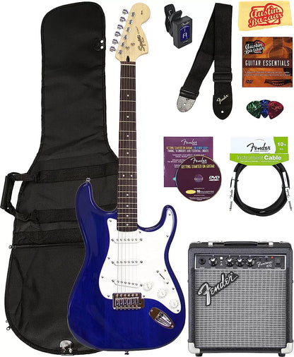 Fender Squier Stratocaster - Sunburst Bundle with Frontman 10G Amp, Gig Bag, Instrument Cable, Tuner, Strap, Picks, Fender Play Online Lessons, Instructional Book, and Austin Bazaar Instructional DVD