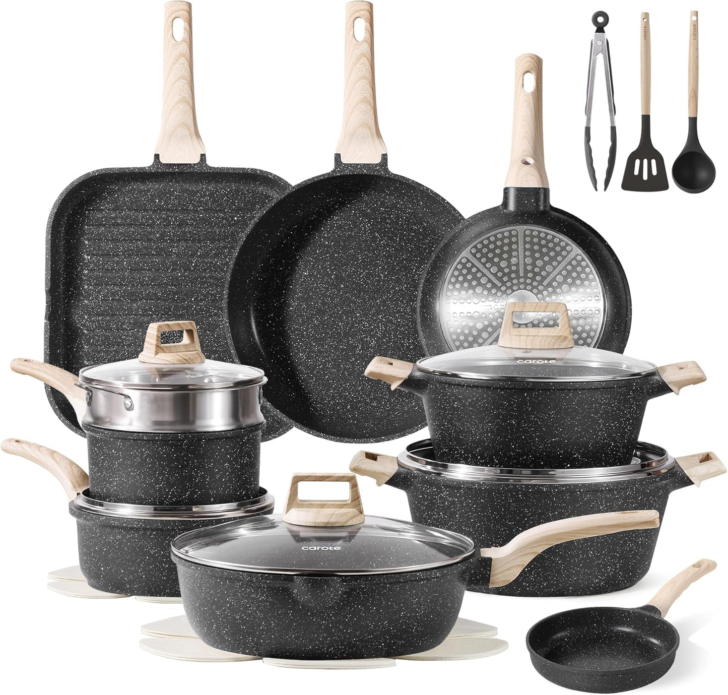CAROTE ICE 35pcs Pots and Pans Set, Nonstick Cookware Sets, White Granite Induction Cookware with Kitchen Knife Set