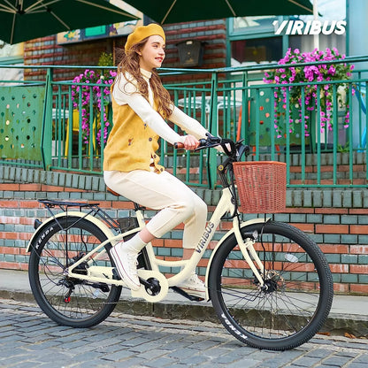 Viribus Electric Bike, Electric Cruiser Bike Adults Women, 25mph 40+ Mile Range 26" City Ebike E Bike with Basket, Electric Bike 350W Shimano 7 Speed Front Suspension for Women Lady, Electric Bicycle