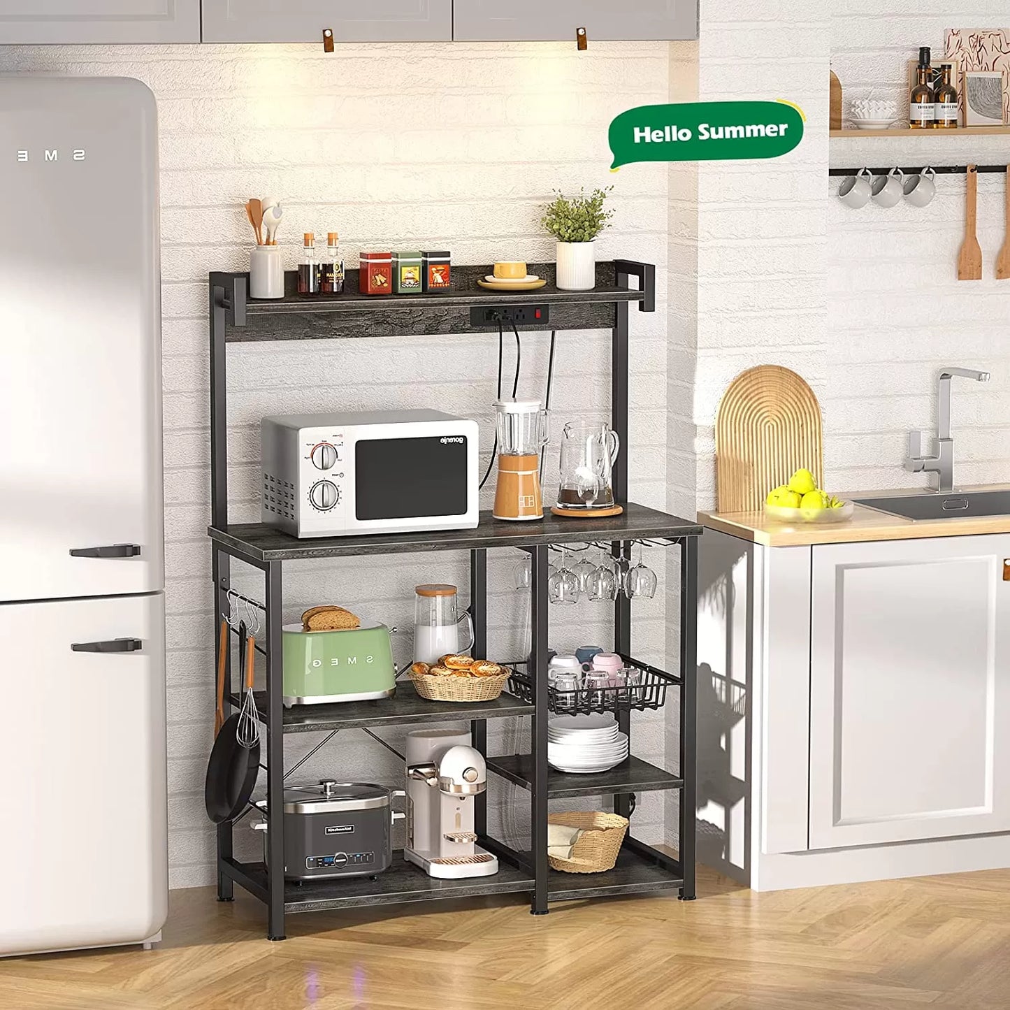 Bakers Rack with Power Outlet, Microwave Stand, Kitchen Storage Shelf with Wire Basket, Coffee Bar Station with Wine Glass Holder, 35.4" Kitchen Rack for Spices, Pots, and Pans