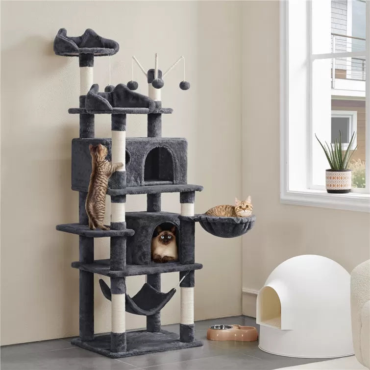 67" H Multi-Level Cat Tree Tower with 2 Cat Condos & Hammock Basket