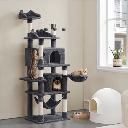 67" H Multi-Level Cat Tree Tower with 2 Cat Condos & Hammock Basket