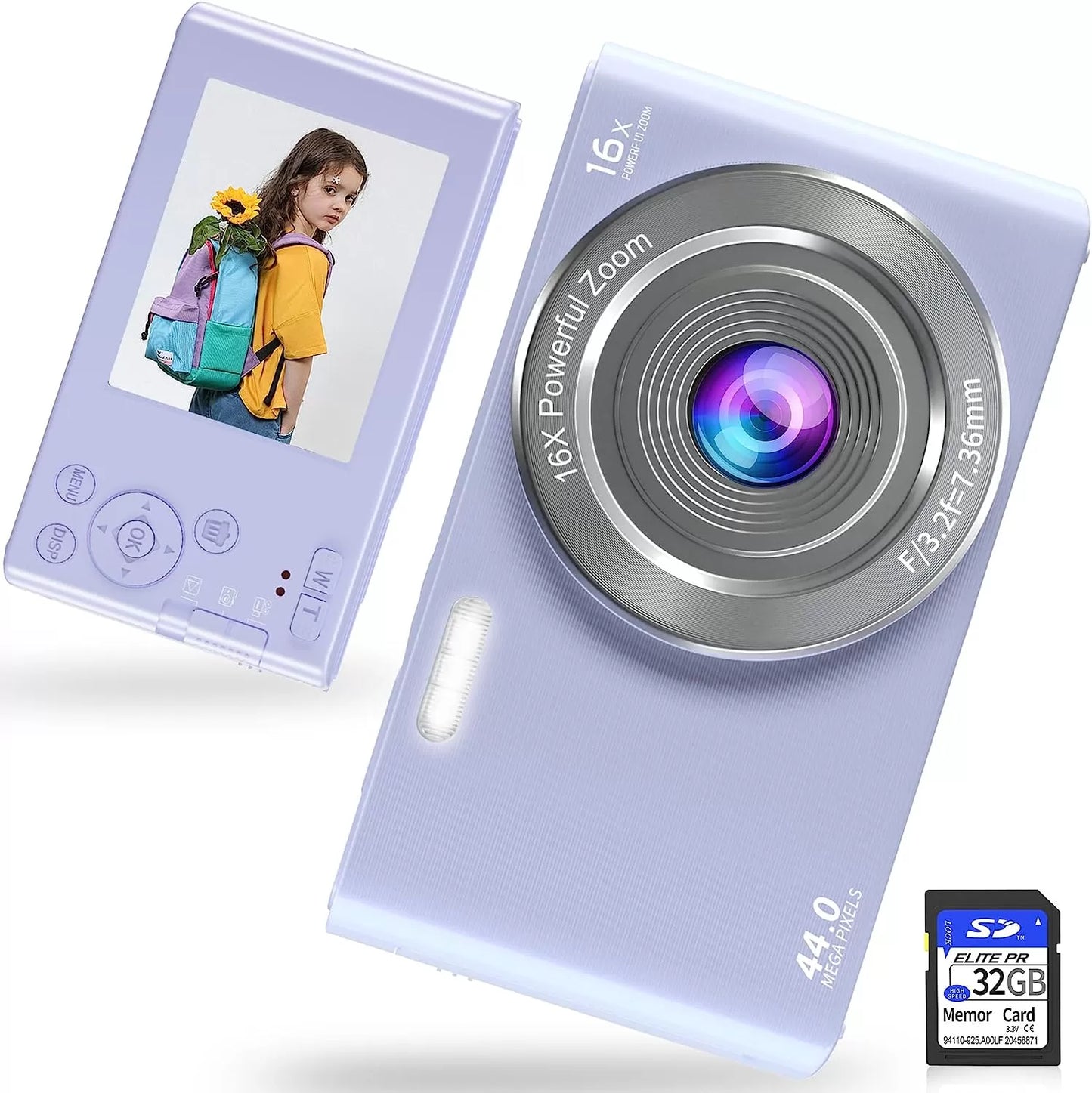 Saneen Digital Camera, FHD 2.7K Cameras for Photography, 44MP Kids Camera Small Compact Digital Camera for Teens, Adults & Beginners with 32GB SD Card, 16X Zoom, Two Rechargeable Batteries-Pink