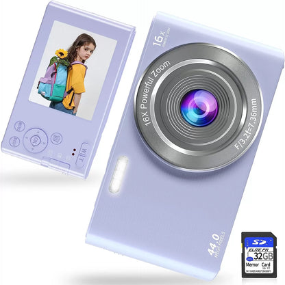 Saneen Digital Camera, FHD 2.7K Cameras for Photography, 44MP Kids Camera Small Compact Digital Camera for Teens, Adults & Beginners with 32GB SD Card, 16X Zoom, Two Rechargeable Batteries-Pink