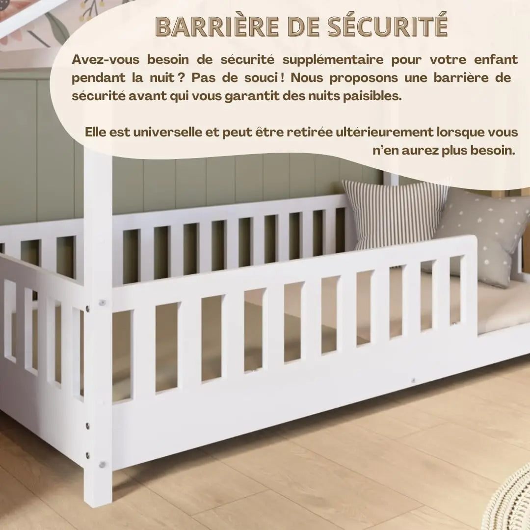 Clearance Sale Crazy Pine Cabin Bed 160x80 cm – Natural Wood Children's Bed with Barrier – Montessori Floor Bed with Height-Adjustable Legs and Removable Barrier - Crazy House