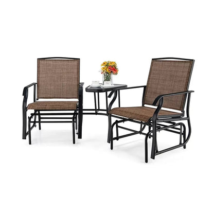 2-Seat Patio Rocking Chair Outdoor Double Glider Chair with Glass Table & Umbrella Hole