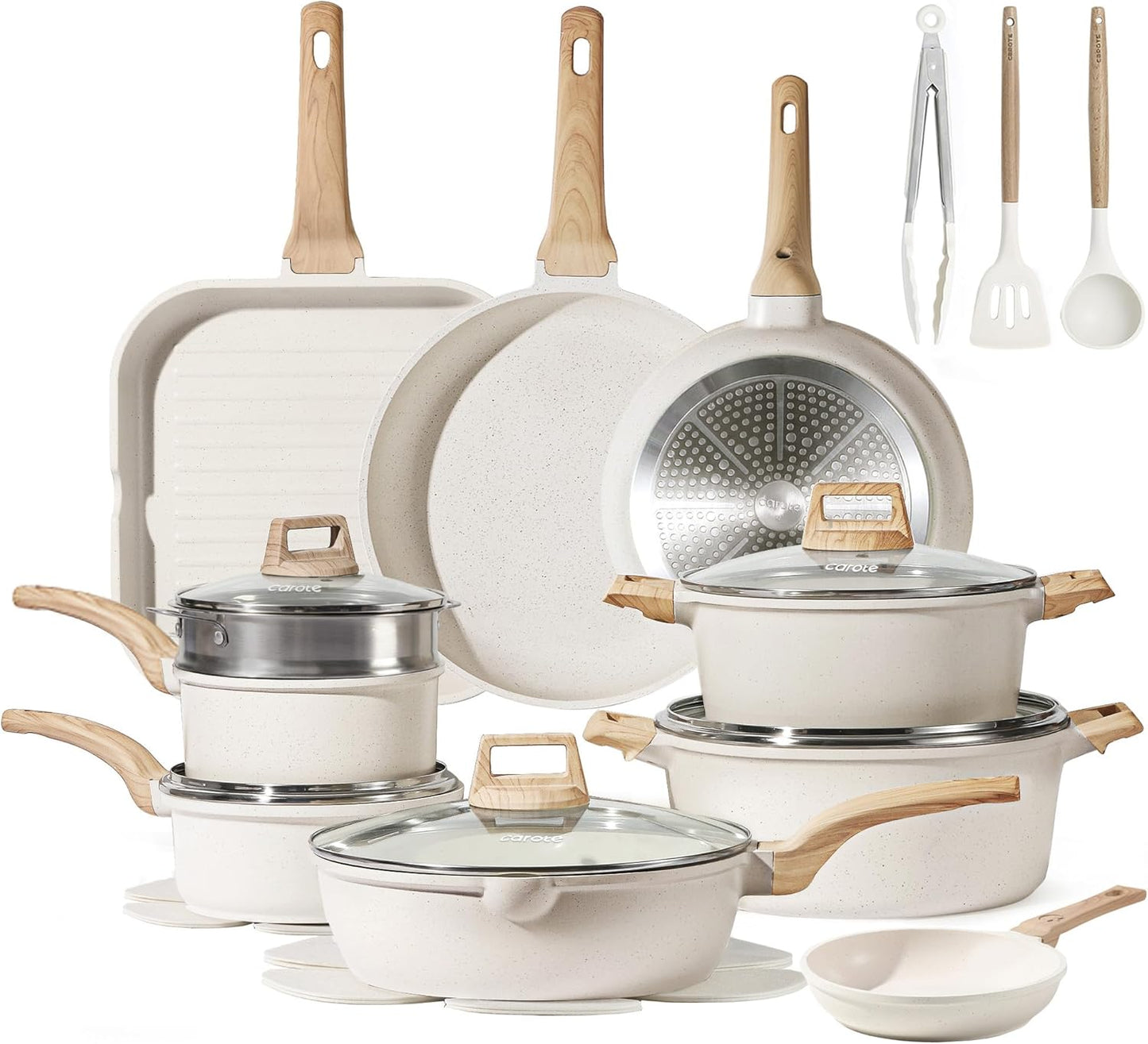 CAROTE ICE 35pcs Pots and Pans Set, Nonstick Cookware Sets, White Granite Induction Cookware with Kitchen Knife Set