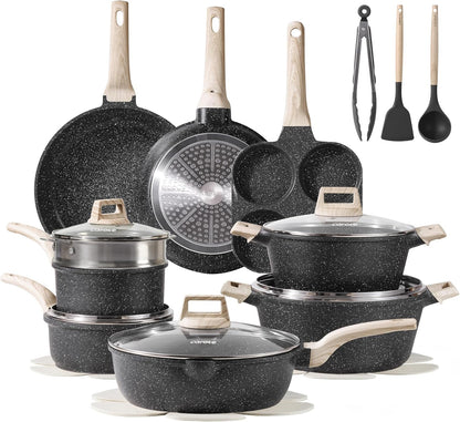CAROTE ICE 35pcs Pots and Pans Set, Nonstick Cookware Sets, White Granite Induction Cookware with Kitchen Knife Set