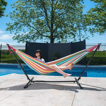 Double Cotton Hammock with Space Saving Steel Stand, Tropical (450 lb Capacity - Premium Carry Bag Included)