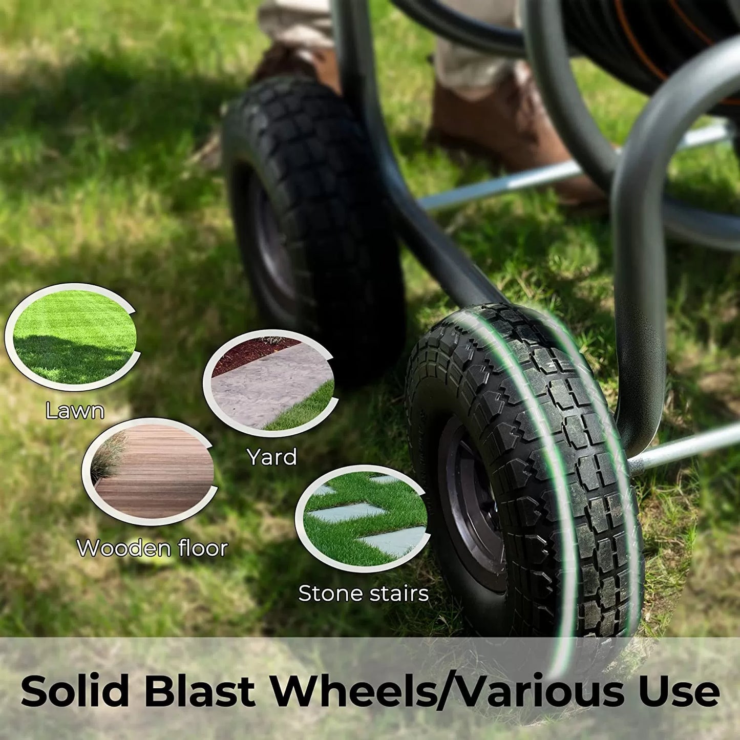 Hose Reel Cart, Hose Reel Cart with Wheels Heavy Duty, Industrial Hose Reels for Outside, 250-Feet of 5/8" Hose Capacity, Hose Guide Installed