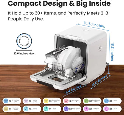 COMFEE' Portable Dishwasher Countertop, Mini Dishwasher with 5L Built-in Water Tank, No Hookup Needed, 6 Programs, 360° Dual Spray, 192°F High-Temp& Air-Dry Function, Dishwasher for Apartments& RVs