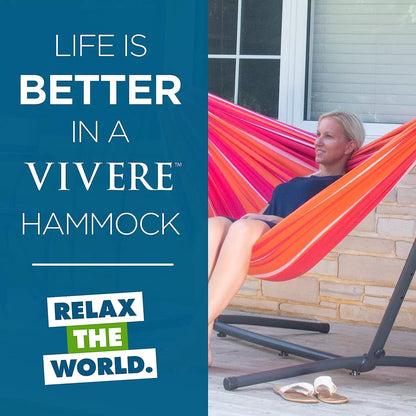 Double Cotton Hammock with Space Saving Steel Stand, Tropical (450 lb Capacity - Premium Carry Bag Included)