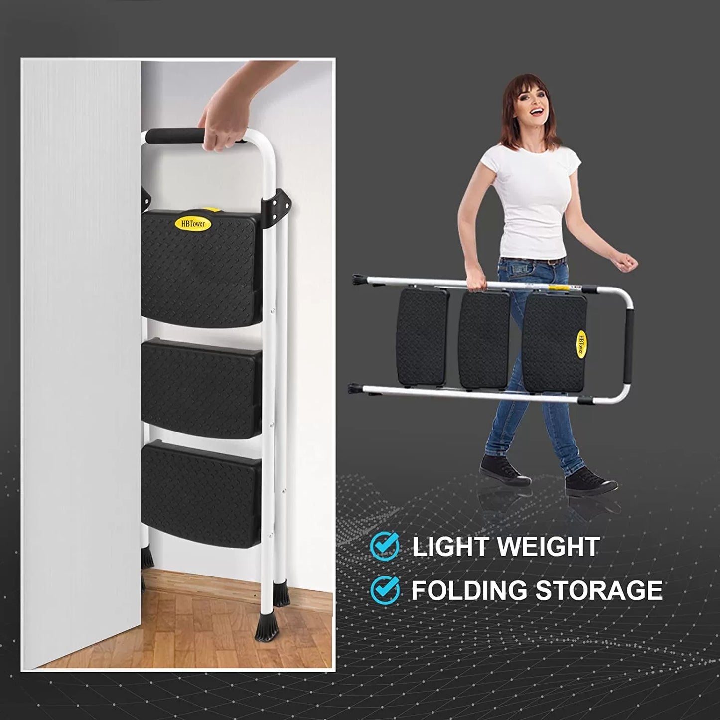 4 Step Ladder, HBTower Folding Step Stool with Tool Platform, Wide Anti-Slip Pedal, Sturdy Steel Ladder, Convenient Handgrip, Lightweight 330lbs Portable Steel Step Stool, Black