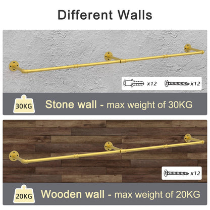 70.87" Long Industrial Pipe Clothes Rack Wall Mounted Hanging Rail