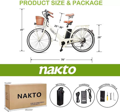NAKTO 22"/26" Electric Bike for Adults 250W/350W City-Electric Bike Sporting 6-Speed Gear Electric Bicycles 36V 10.4/12Ah Removable Lithium Battery Ebike for Female Male