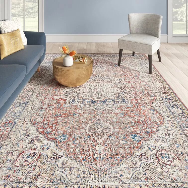 Bria Machine Washable Oriental Red/Blue/Ivory Area Rug
