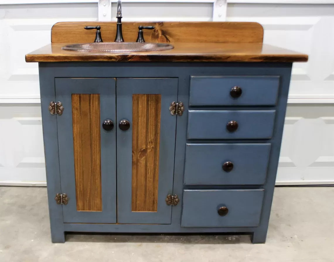Rustic Farmhouse Vanity - Copper Sink - 42" - BLUE🔥Free shipping🔥