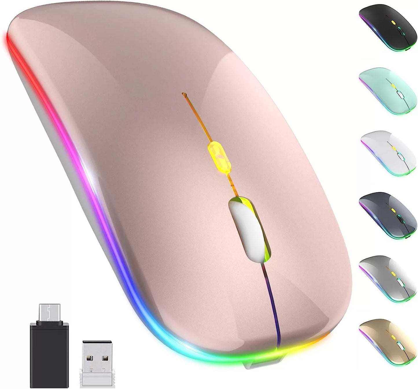 [Upgrade] LED Wireless Mouse, Slim Silent Mouse 2.4G Portable Mobile Optical Office Mouse with USB & Type-c Receiver, 3 Adjustable DPI Levels for Notebook, PC, Laptop, Computer, MacBook (Pink)