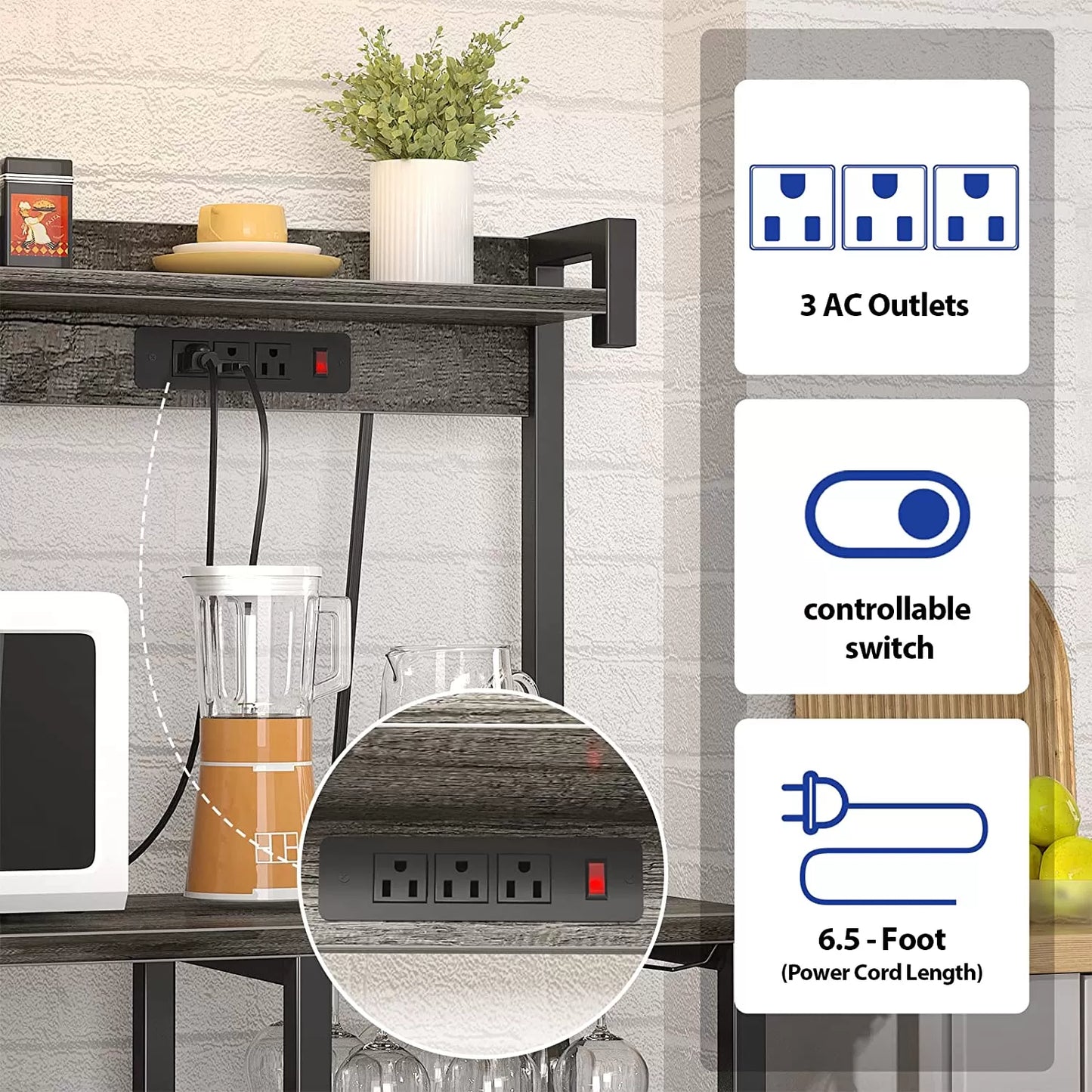 Bakers Rack with Power Outlet, Microwave Stand, Kitchen Storage Shelf with Wire Basket, Coffee Bar Station with Wine Glass Holder, 35.4" Kitchen Rack for Spices, Pots, and Pans