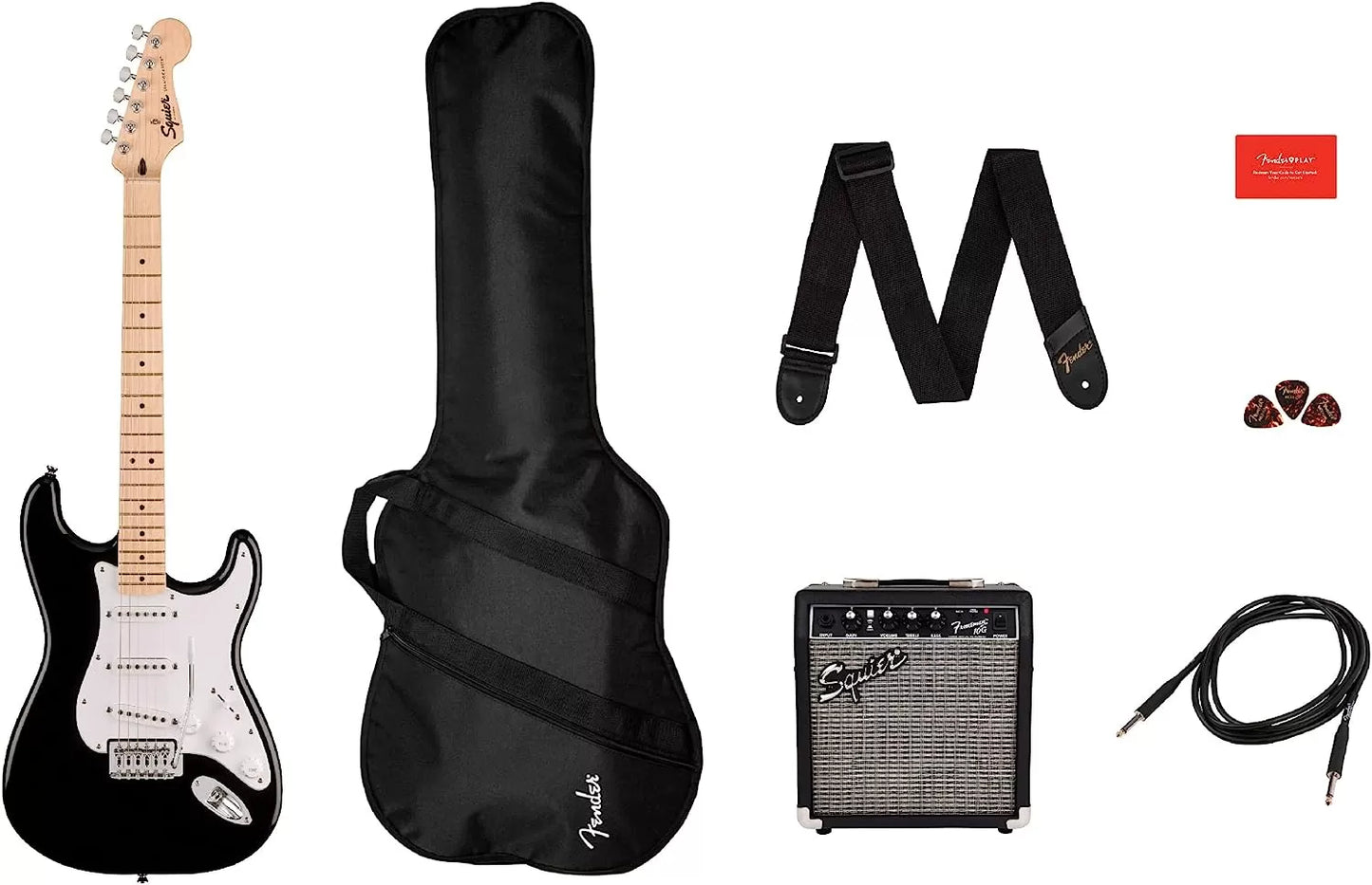 Fender Squier Stratocaster - Sunburst Bundle with Frontman 10G Amp, Gig Bag, Instrument Cable, Tuner, Strap, Picks, Fender Play Online Lessons, Instructional Book, and Austin Bazaar Instructional DVD